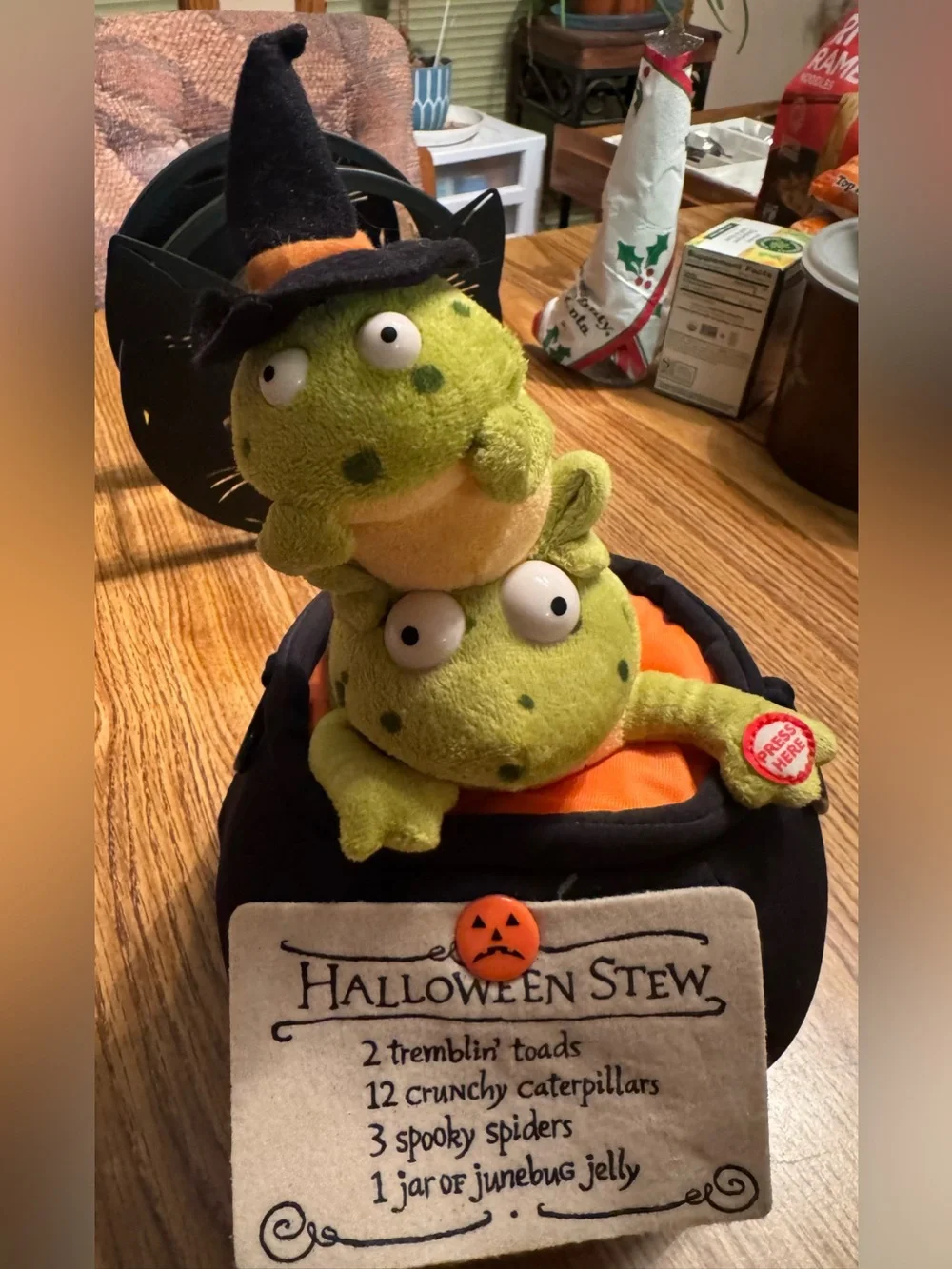 Halloween decoration two plush toads black cauldron musical hallmark
